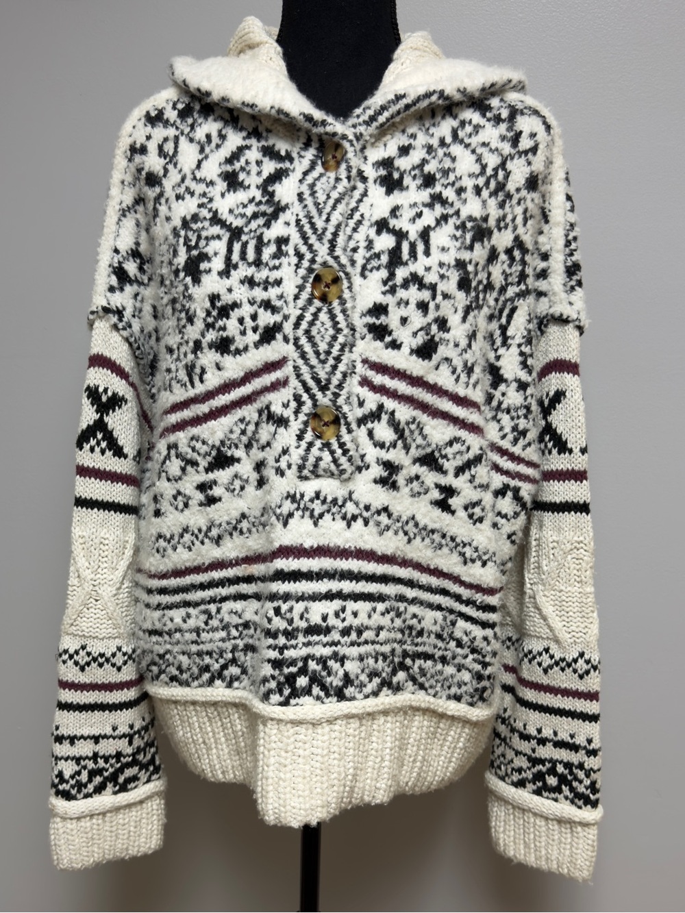 Anthropologie Pilcro Relaxed Hooded Fair Isle Knit Sweater Size L Cream Black